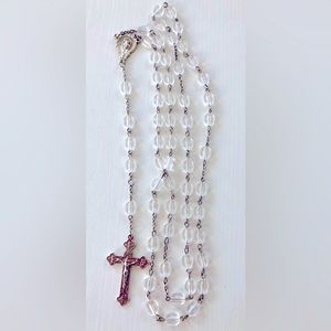 blessed Clear, frosted rosary beads with 2" crucifix & Our lady medallion 26"L
